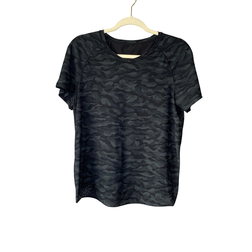 Lululemon Womens Camo Short Sleeve Activewear Top Grey Black Ventilation 8